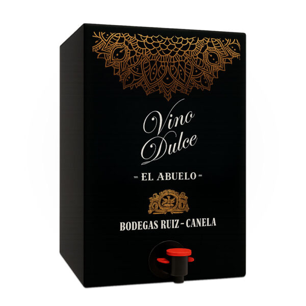 Envase Bag-in-Box de vino dulce ‘El Abuelo’ de Bodegas Ruiz-Canela, con etiqueta negra decorada con arabescos dorados y el texto ‘Vino Dulce – El Abuelo’, grifo dispensador rojo en el frontal sobre fondo blanco.