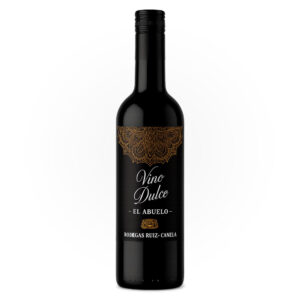 Botella de vino dulce ‘El Abuelo’ de Bodegas Ruiz-Canela, con etiqueta negra decorada con arabescos dorados y el texto ‘Vino Dulce – El Abuelo’ sobre fondo blanco.