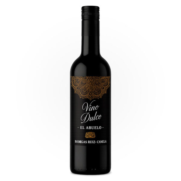 Botella de vino dulce ‘El Abuelo’ de Bodegas Ruiz-Canela, con etiqueta negra decorada con arabescos dorados y el texto ‘Vino Dulce – El Abuelo’ sobre fondo blanco.