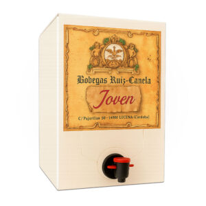 Envase Bag-in-Box de vino ‘Joven’ de Bodegas Ruiz-Canela, con etiqueta envejecida estilo vintage y grifo dispensador rojo en la parte frontal sobre fondo blanco.