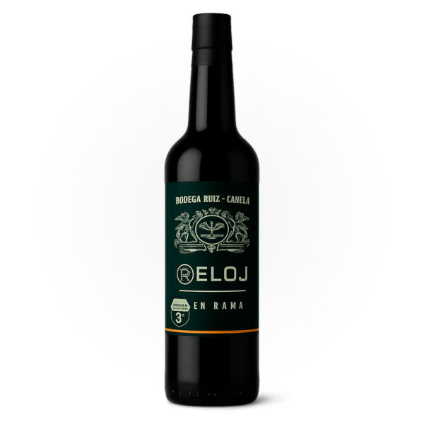 Botella de vino ‘Reloj en Rama’ de Bodegas Ruiz-Canela, con cápsula negra y etiqueta verde oscuro con detalles y texto dorados, sobre fondo blanco.