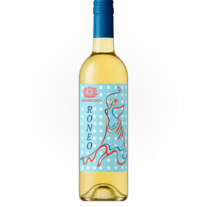 Botella de vino ‘Roneo’ de Bodegas Ruiz-Canela, con etiqueta azul claro salpicada de lunares blancos, silueta de bailaora estilizada en rojo y azul, y el texto RONEO en vertical sobre fondo blanco.
