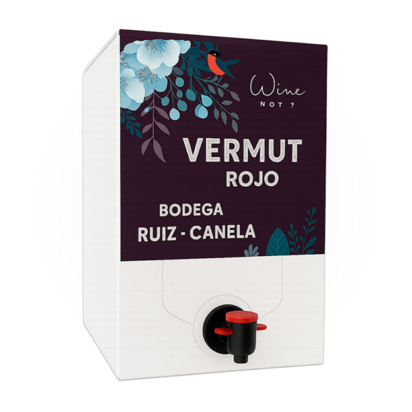 Envase Bag-in-Box de vermut rojo casero Bodega Ruiz-Canela con etiqueta morada decorada con flores y un grifo dispensador rojo en primer plano