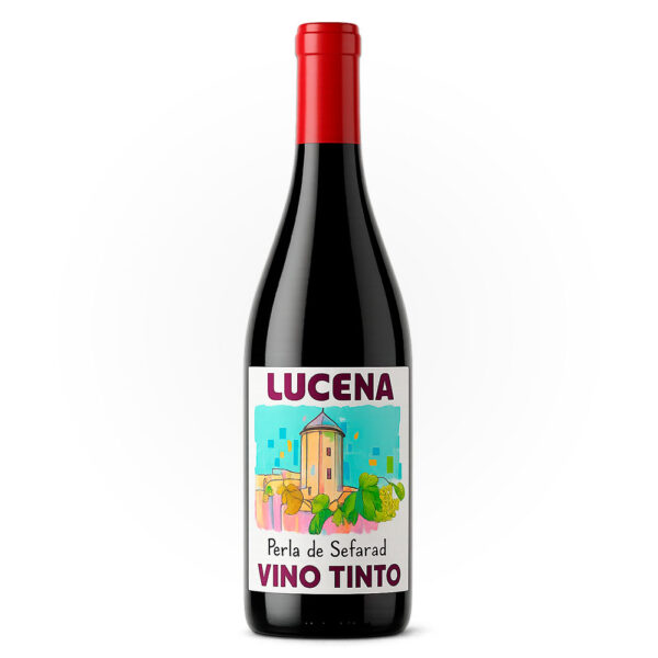 Botella de vino tinto ‘Perla de Sefarad’ de Bodegas Ruiz-Canela, con etiqueta blanca que muestra una torre y racimos de uvas en colores pastel, texto ‘LUCENA’ en morado y ‘VINO TINTO’ en la parte inferior sobre fondo blanco.